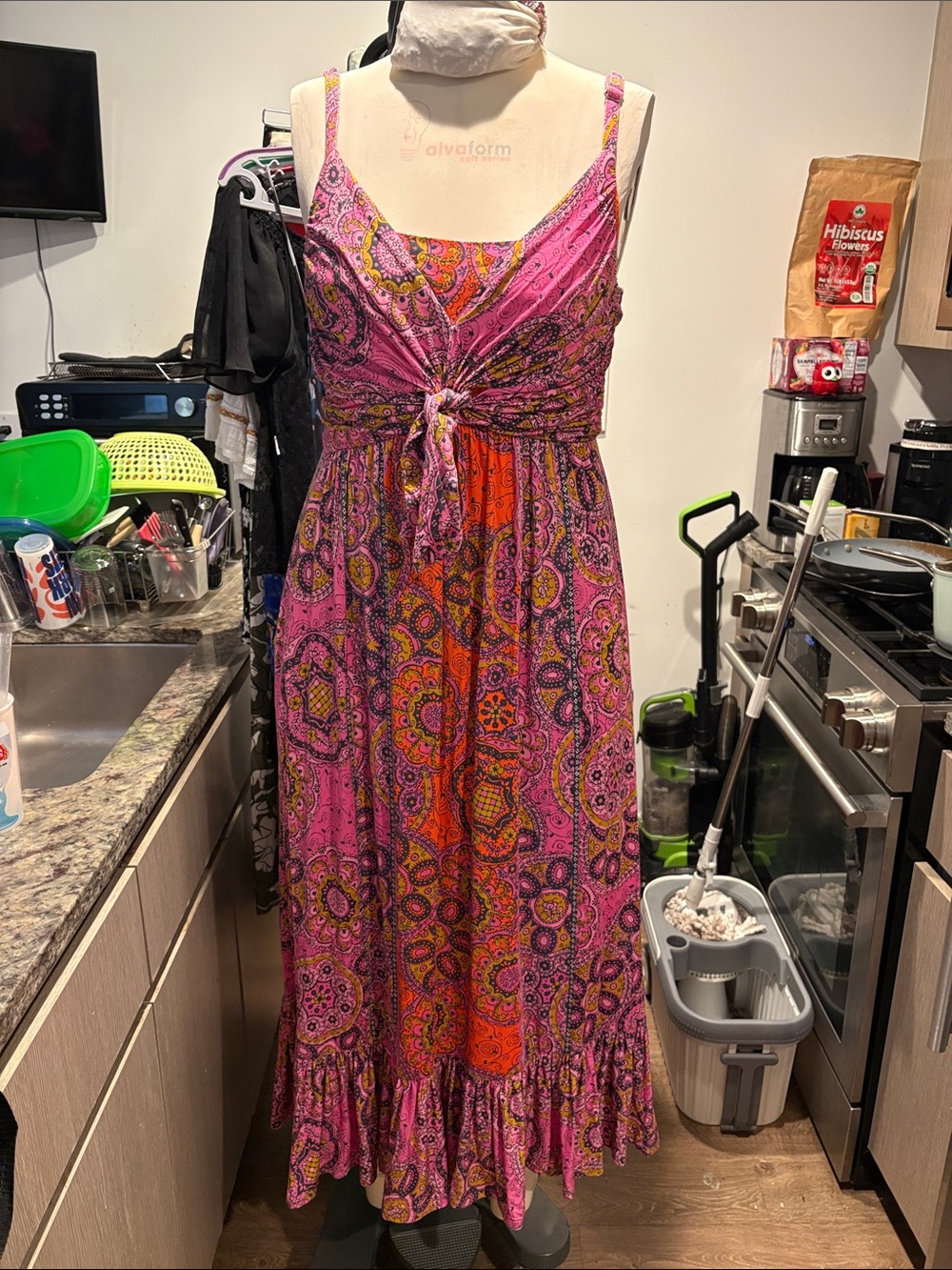 Anthropologie Pink and Orange Paisley Tie-Front Maxi Dress